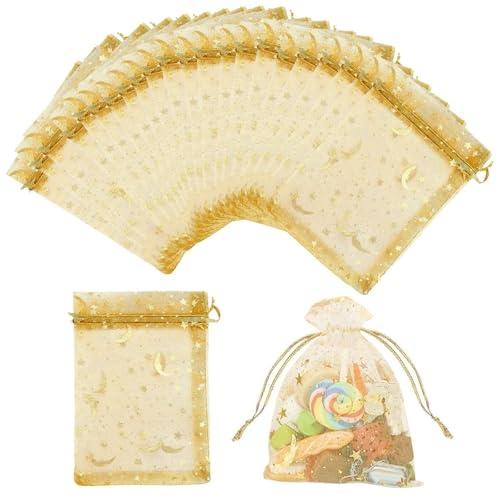 Funalix 100 Stück Organzasäckchen, Kordelzug Organzasäckchen, Geschenkbeutel für Weihnachten, Schmuck & Partydekoration (Goldene/7x9 cm)