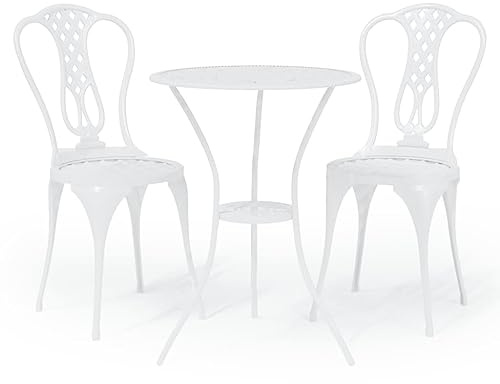 XHNIFBN 3-TLG. Bistro-Set aus Aluminiumguss - Romantische Gartenmöbel-Sitzgruppe in Weiß mit Blumenmuster - Gartentisch und 2 Stühle für Terrasse und Balkon