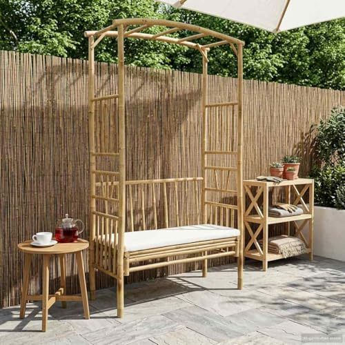 Ziaphsol Arche de jardin avec banc, blanc crème, en bambou, 115 x 50 x 205 cm, treillis, pergola, arche avec banc, pour terrasse, banc de jardin, comme support de plantes pour plantes grimpantes
