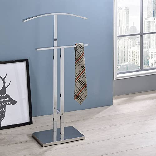 Kings Brand Furniture Dossi Modern Metal Suit Valet Stand, Clothes Rack Organizer with Jacket, Pants & Tie Holder, Space-Saving Garment Rack for Bedroom or Closet (Chrome)