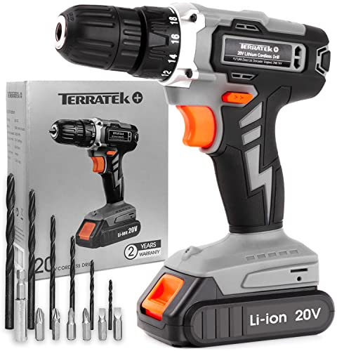 Terratek Cordless Drill Driver 20V Li-Ion 1HR Fast Charge Battery, 13Pc Electric Screwdriver Set, LED Work Light, Electric Drill Quick Change Power Drill Battery and Charger Included