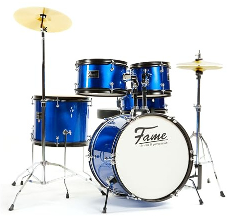 Fame 5 PC Drumset Blue, Schlagzeug mit Bass Drum, Tom-Tom, Snare, Hardware und Hocker, inkl. Zubehör und Drumsticks