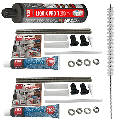 TOX Schwerlast Befestigungsset Abstandsmontagesystem fur Beton Thermo Proof Plus 4 x M12 A4 mit mit Aqua-Stop + Verbundmörtel Liquix Pro 1 + Zylinderbürste