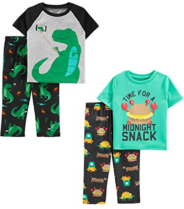Simple Joys by Carter's Pijama de 4 Piezas (Parte Superior de Manga Corta en Poliéster y Parte Inferior de Felpa) Niño Pequeño, Gris/Verde/Comida Divertida/Dinosaurio, 5 años