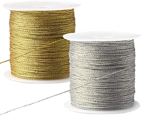 2 Rolle Metallic Kordel, 100 Meter Kordel Craft Cord Goldenes Kordelband Schnur für Geschenkpapier Weihnachten Dekoration Kunsthandwerk(Silber,Gold)