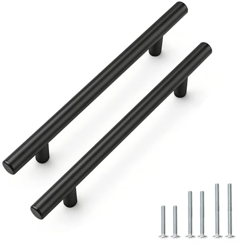 PinLin 10 Pack Kitchen Door Handles 128mm Hole Centre Flat Black Cabinet Handles Stainless Steel Cupboard T Bar Handle (Screws Included)