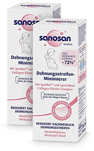 sanosan Dehnungsstreifen Minimierer klinisch getestet 2x 75 ml | Reduziert Dehnungstreifen nachweislich nach der Schwangerschaft - Creme ohne Paraffinöl, Farbstoffe, Silikone