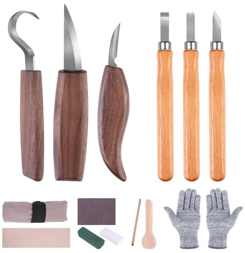 Set di utensili da intaglio in legno – 14 coltelli da intaglio in legno con pietra affilatrice per adulti e bambini, set da intaglio fai da te con guanti resistenti al taglio