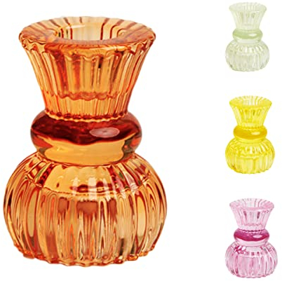 Talking Tables 1x Small Orange Ribbed Glass Candle Holder | 3 Tier Taper Candlestick Stand for Halloween, Home Décor, Parties, Events | Candlestick Holder 7.5cm Diameter