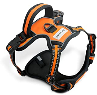 FurDreams Dog Harness – Secure Padded Vest Harness, Comfortable Material with Reflective Strips, Non-Restrictive, No Choke Fit with 4 Adjustable Straps, No Pull, Clip On Easy (Medium, Orange)