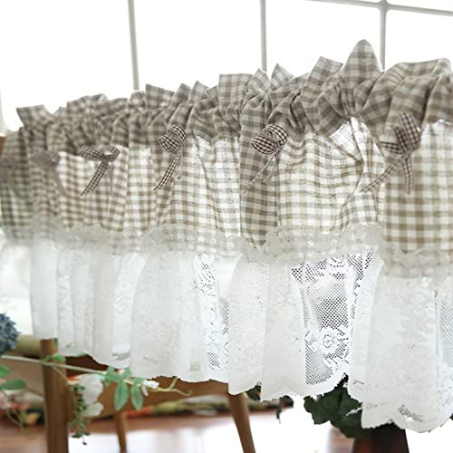 A.Monamour Tenda corta semitrasparente beige a quadretti Gingham in pizzo floreale con fiocchi, tenda corta da cucina, per finestre e bistrò