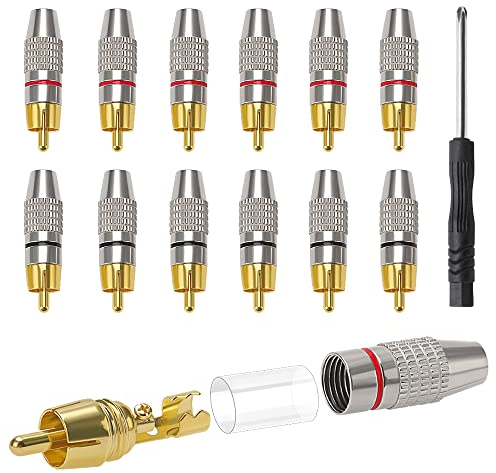 KUOQIY 12 Pezzi Connettore Audio Video Spina RCA Placcato Oro, Spina Maschio-RCA Senza Saldatura, con Cacciavite, per Multimedia e CCTV (6 Neri + 6 Rossi)