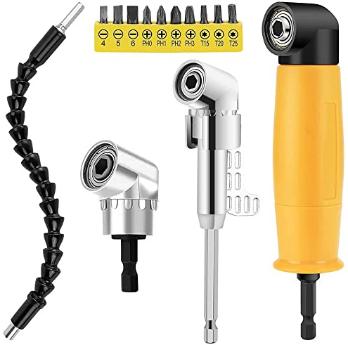 Grednfhat Right Angle Drill Attachment Set, Including Flexible Drill Bit Extension, 3pcs Angle Extension Power Drill Attachment with 1/4'' Hex Impact Shank, Screwdriver Bit Set (Yellow)
