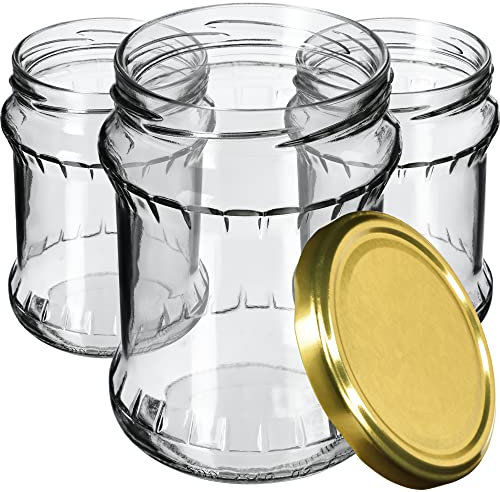 KADAX Bocaux de 500 ml, Pots en Verre avec Couvercle Hermétique de 82mm pour la Conservation des Aliments, Idéals pour Confitures et Miel (Doré, Lot de 48)