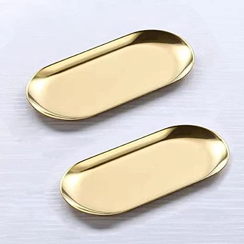 Hbluefat 2x17.8 cm kleines, goldfarbenes Edelstahl-Tablett, zum Servieren von dekorativem Goldschmuck, Geschirr, Schlüssel, Handtuch, Spiegel, Kerze, Aufbewahrung, Dessert (oval) (goldfarben)