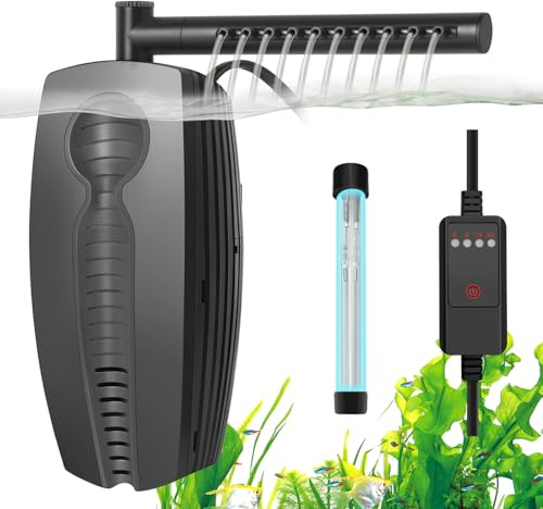 PYPABL 600L/H Filtro Acquario Lampada UV con Timer, Pompa Filtro Interno Acquario Regolabile 8W, Filtro Interno Sommergibile per Vasca Pesci e Tartarughe 30-180L, con Cotone Carbone Attivo