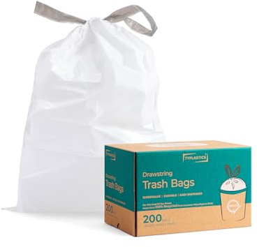 TYPLASTICS 15-20L Müllbeutel, mit Zugband weiß Abfallbeutel, 200 Stück, GRS-konform, PCR-Material, 45cm x 56cm