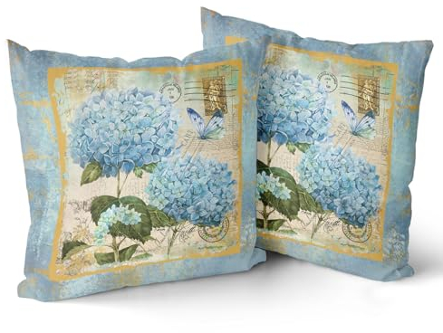 Giwawa Blauer Hortensien-Kissenbezug, 2er-Set, Vintage-Blumenmuster, dekorative Kissen für Schlafzimmer, Sofa, Heimdekoration, 45,7 x 45,7 cm