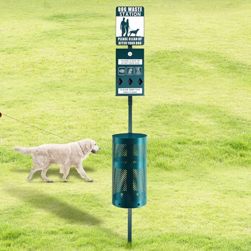 Qinyoung Dog Waste Station, Galvanized Steel Outdoor Pet Waste Bin with Green Powder Coated Finish, Rust Proof, Reflective Sign, Includes Poop Bag Dispenser, for Backyard, Commercial Park