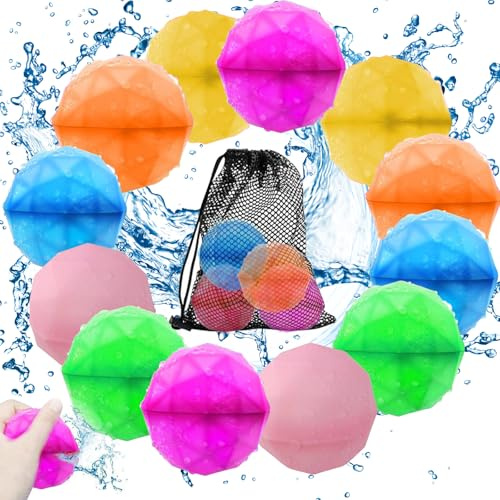 Wasserbomben Wiederverwendbar, 12 Stück Silikon Wasserbomben Selbstschließend mit Mesh Bag, Wiederverwendbare Wasserspielzeug Wasserbälle Kinder Erwachsene für Outdoor Pool Spielzeug Wasserschlachten