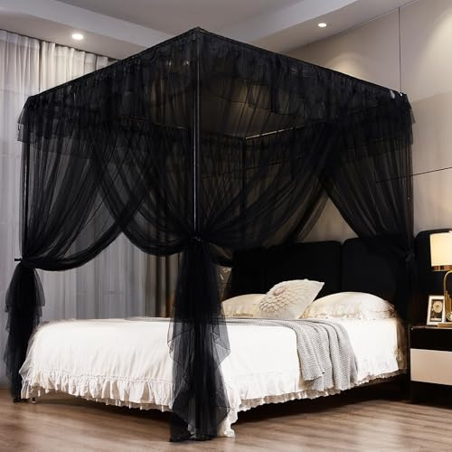 Kertnic Black Canopy Bed Curtains for Girls & Adults, Queen King Bed Canopy Drapes Netting, Practical Mosquito Net for Bed (King- 86 W*78 L*82 H)