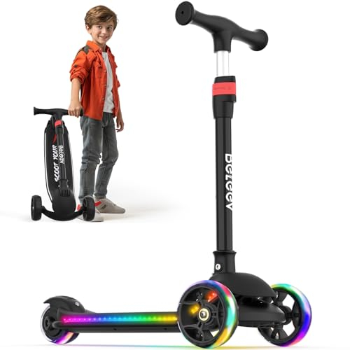 BELEEV A9 Roller Kinder 3-12 Jahre, 3 Räder Faltbare Scooter mit LED Leuchtenden Räder und Deck, 4 Höhenverstellbarer, Rutschfestes Deck, Lean-to-Steer, Kinderroller für Mädchen & Jungen, Dreiräder