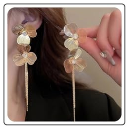 Wendalern Boucles d'oreilles bohèmes en forme de fleur en strass longue chaîne pompon boucles d'oreilles pendantes grande fleur métallique boucles d'oreilles florales en pétales CZ bijoux pour femmes