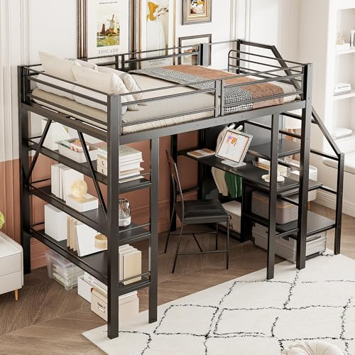 WIZBED Hochbett Metallbett 140x200cm mit Kleiderschrank & Schreibtisch & Treppe & 3 Regalen, Bettrahmen Etagenbett mit Lattenroste aus Metall, Jugendbett, ohne Matratze