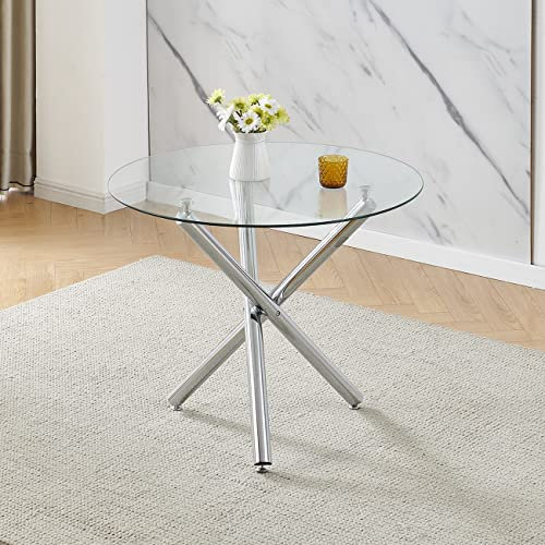 Moderna mesa de comedor redonda con parte superior de cristal templado, 90 x 90 x 75 cm, patas cromadas, mesa de cocina para comedor