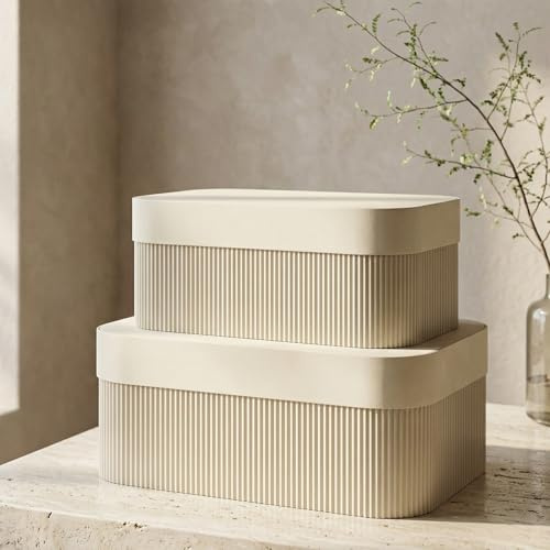 Decorative Storage Boxes with Lids – Set of 2 Beautiful Fluted Cardboard Organizer Bins for Your Home Bookshelf Decor to Safely Store Your Documents, Memory Box Items and Other Keepsakes in Style