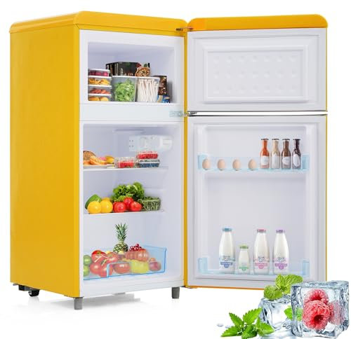 Frigorífico retro de 72 litros doble puerta superior e inferior con congelador de 21 litros frigorífico-congelador combinado 120 kWh/año minifrigorífico de ambiente color amarillo.