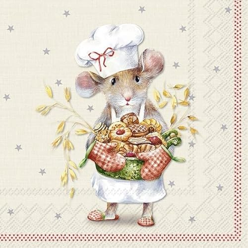 Servietten 3-lagig 25x25 cm | 20 Stück | Papierservietten Bunt Perfekt für den Weihnachtstisch | Weihnachten | Tischdeko | Decoupage | Serviettentechnik (Maus mit Keksen)