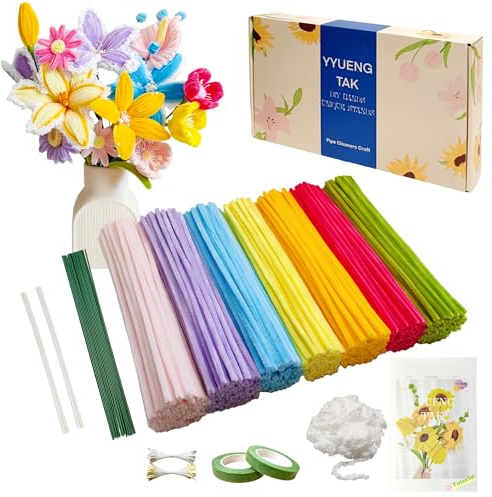 YYUENG TAK 350 delar Färgrika Piprensare Blommor Set (7 Färger), Inkl. Instruktioner, 2 Chenille Garn, 20 Blomma Tråd, 100 Ståndare & 2 Teflon Tape för Blomsterpyssel & DIY,Pipe cleaner flower kit