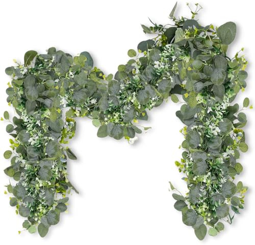 Fezaphy 2 PACK Artificial Eucalyptus Garland 6FT Fake Greenery Garland with White Flowers Hanging Plants for Wedding Arch Backdrop Wall Table Fireplace Party Baby Shower Home Christmas Decor