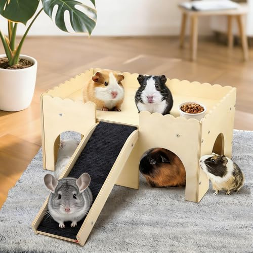 Maison pour cobaye, cachette avec Maison pour cobaye, Jouet en Bois Extra Large pour cobayes avec escaliers et Tapis, lit pour 2 Petits Animaux, château de Cache-Cache pour Hamsters (Version de Base)