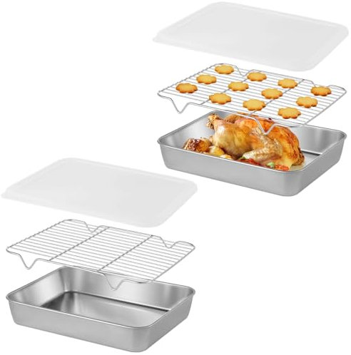 Confezione da 2 teglie da forno con coperchi ermetici e griglie di raffreddamento, padelle 3 in 1, padelle da forno in acciaio inox per cucinare e servire
