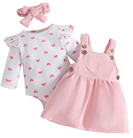 LUVCES Ensemble Nouveau-né Fille Jupe à Bretelles en Velours Côtelé + Barboteuse Côtelée avec Cœur + Bandeau 3Pcs Jolie Vêtements d'Automne Hiver 3Pcs Coeur d'amour rose 6-12 Mois