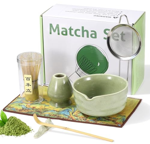 O OLAX Matcha-Set, Matcha Whisk Set, Matcha-Schneebesen, Matcha-Schale, Chasen-Halter, Matcha-Löffel, Matchasieb, für Zuhause, Büro, Teehaus, 7-teilig