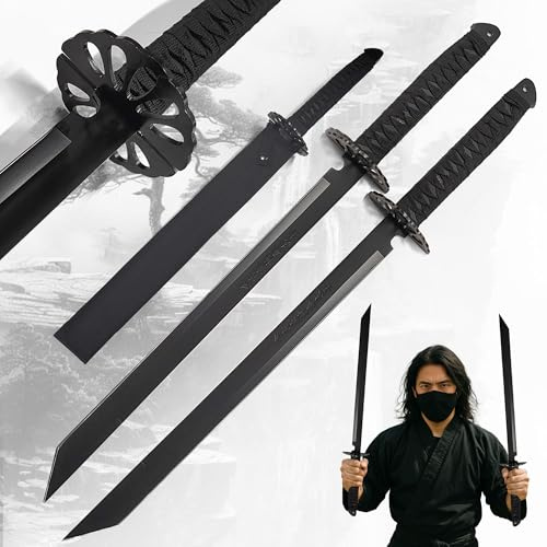 Doppeltes Ninja Schwert Set mit Scheide – Twin Tanto Samurai Katana Schwerter aus Edelstahl, Full Tang Klingen, Kanji Gravur, Cosplay Schwert, Trainings- und Dekoschwert