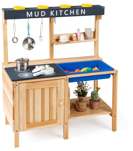 HOMASIS Cuisine jouet en bois, cuisine extérieure en argile avec set de 4 pièces pour casseroles, 3 crochets, évier et 2 étagères, cuisine extérieure pour enfants de 3 ans et plus, 80 x 40 x 94 cm
