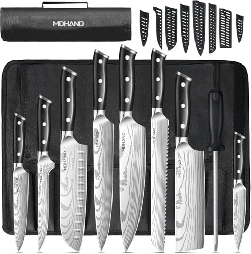 MDHAND Set de Couteaux de Cuisine, 8 pièces couteau cuisine professionnelle, acier inoxydable à haute teneur en carbone extrêmement tranchant Ensemble de couteaux de cuisine, Sac de rangement en nylon
