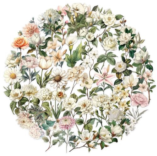 PNGIF Weiße Blumen Aufkleber 50 Stück, Aesthetic Stickers für Journal Scrapbook Fotoalbum Laptop Kindle Koffer MacBook Fahrrad, Wasserfeste Transparenter PET Stickers