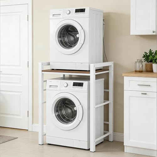 Ogimeka Meuble Machine a Laver, Étagère pour Machine à Laver et Seche Linge, avec 3 Hauteurs Réglables, pour Salle de Bain, Balcon, Capacité de Charge 350 kg, 75 x 67 x 105 cm (Blanc)