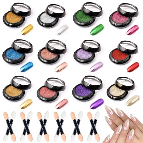 lomdung 12 Stück Chrome Nail Powder, Iridescent Aurora Pulver | Metall Mirror Chrome Powder, Spiegelpulver Metallpulver, Super-Spiegeleffekt, Delicate & Smooth, für Nail Art Nageldesign