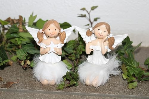 Posiwio Deko Engel Set, 2 Kniende Figuren aus Keramik, 8 cm Höhe, Weiß, Glänzend, Weihnachtsdekoration für Innen- und Außenbereich