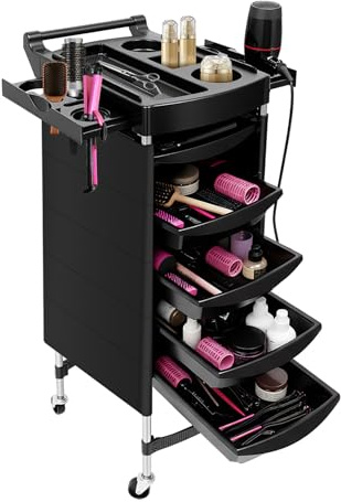 MEHOOSPVN Carro de peluquería con 5 cajones extensibles para peluquería, peluquería para estilista, peluquería, carrito de cosméticos, 52 x 45 x 90 cm, color negro