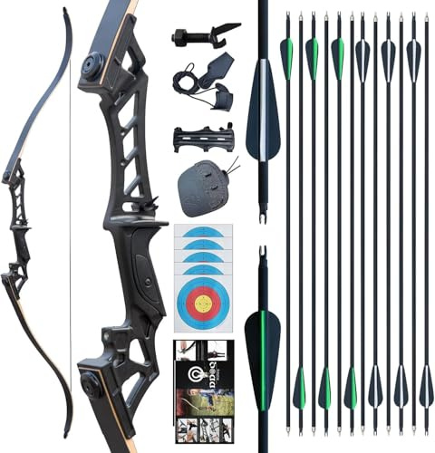 57 Recurvebogen Pfeil und Bogen Set für Erwachsene Rechte Hand 30-60LBS Jagd Longbow Set für Die Jagdpraxis Outdoor-Sportarten (schwarz, Rechte Hand, 30, Pfund)
