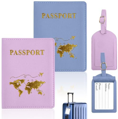 Ervoxo Custodia per passaporto, 2 pezzi Custodia per passaporto con 2 targhette per bagagli, Porta passaporto, Copertina per passaporto, Custodia per passaporto, Custodie per passaporto con targhette