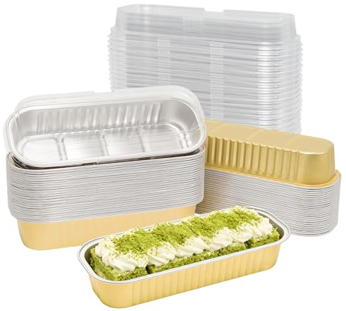 Wuyituart Paquete de 50 mini moldes para tartas de 6.8 onzas con tapas, mini moldes rectangulares desechables para tartas con tapas para picnics, fiestas, bodas, cumpleaños, color dorado