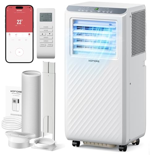 KOMORE Portable Air Conditioner, 4-in-1 Air Conditioning Unit, Smart WIFI App Control with Cooling, 2 Speeds Fan, Dehumidifier, Sleep Mode with 24H Timer, Remote Control, Window Kit (7000 BTU)